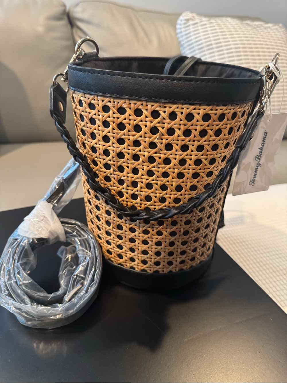 Tommy Bahama Black and Natural Woven Bucket Crossbody NWT